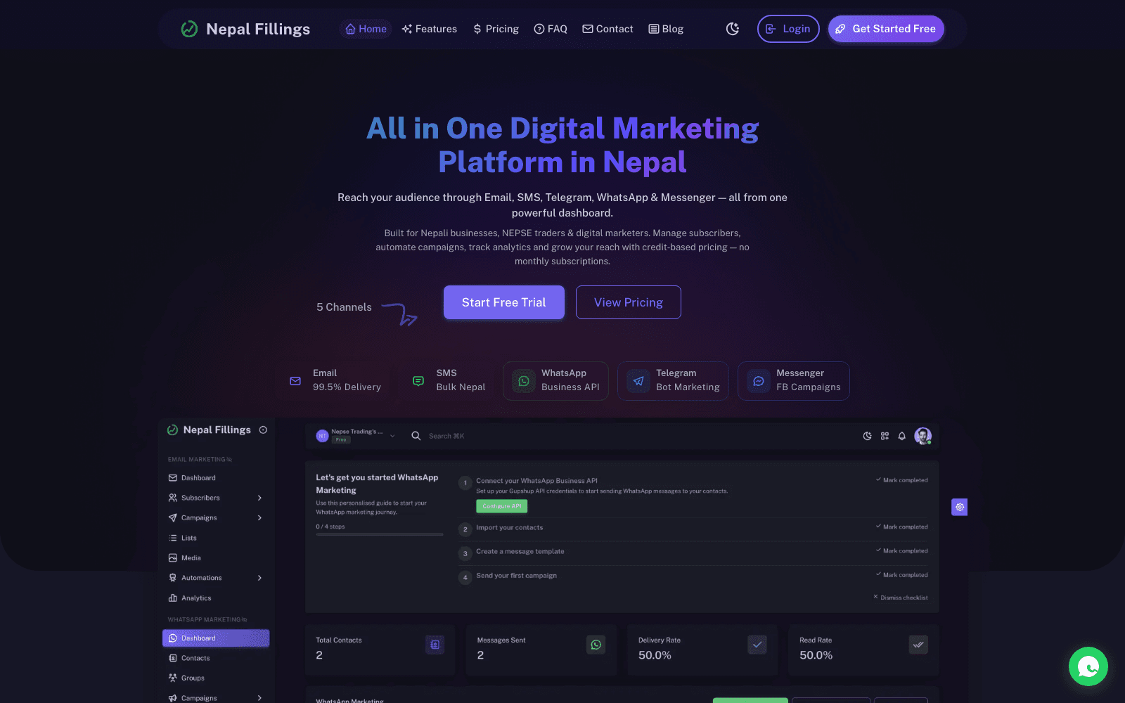 Nepal Fillings multi-channel digital marketing platform dashboard